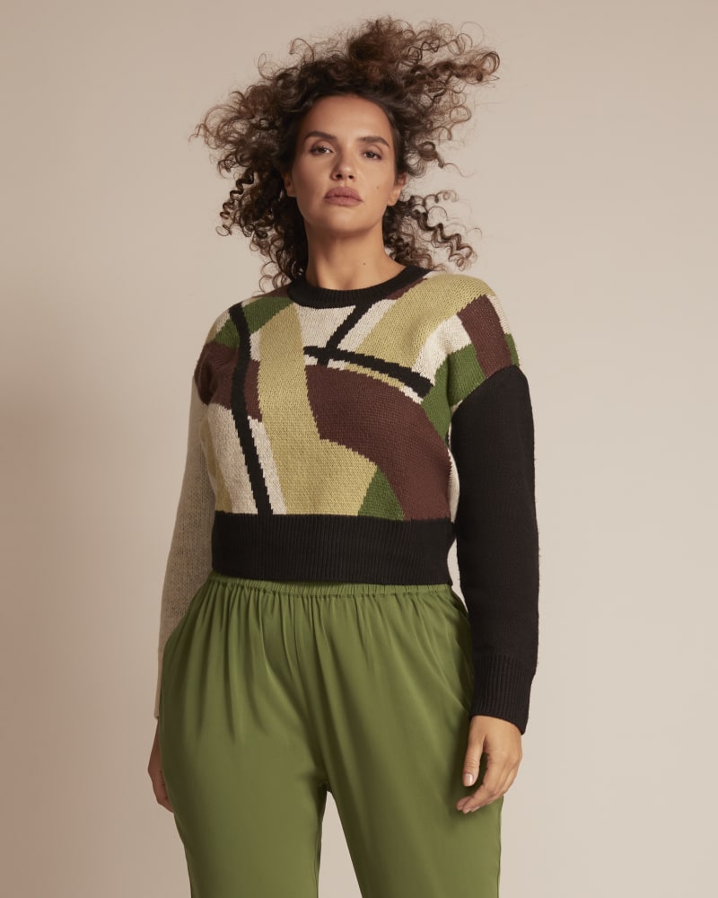 Front of a model wearing a size 1 Alexis Sweater in Light Green / Brown by 11 Honoré Collection. | dia_product_style_image_id:245429